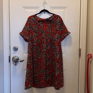 Red & Green Floral Dress with Short Sleeves